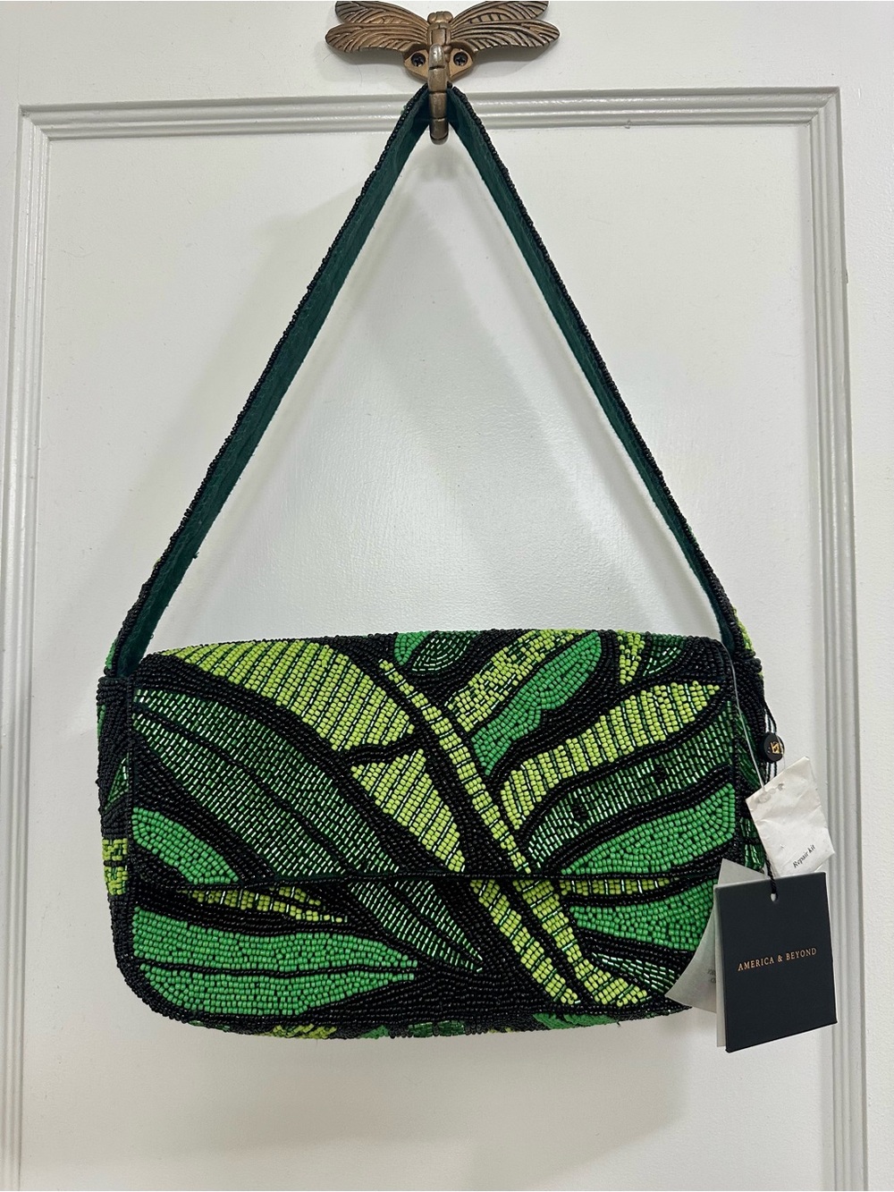 America & Beyond Beaded Green Leaf-Pattern Shoulder Bag
